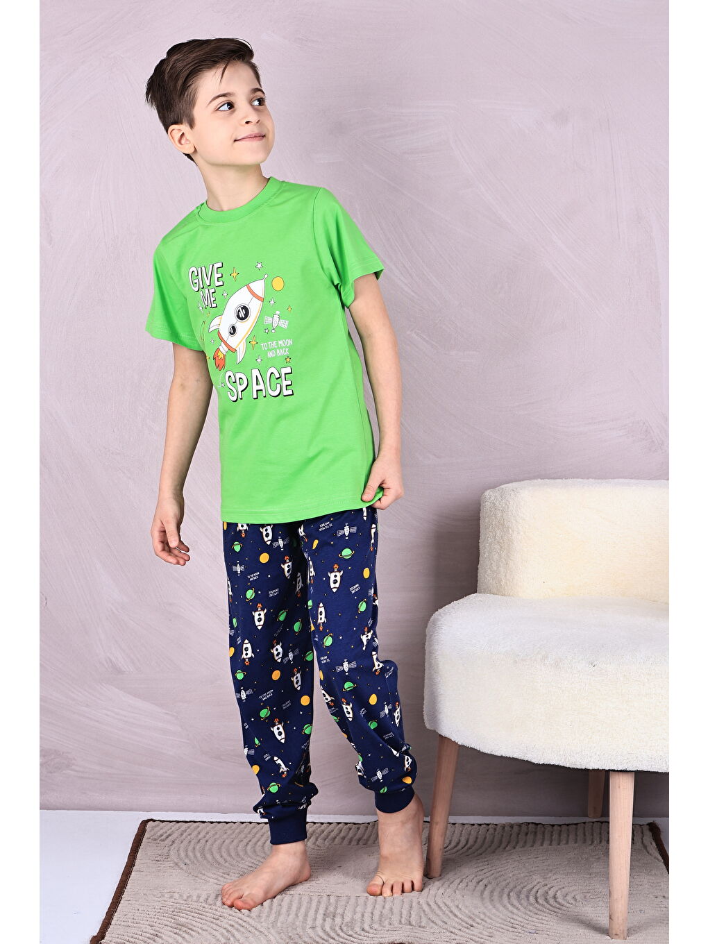 Yeşil Erkek Çocuk %100 Doğal Pamuk Kısa Kollu Pijama Takımı-3