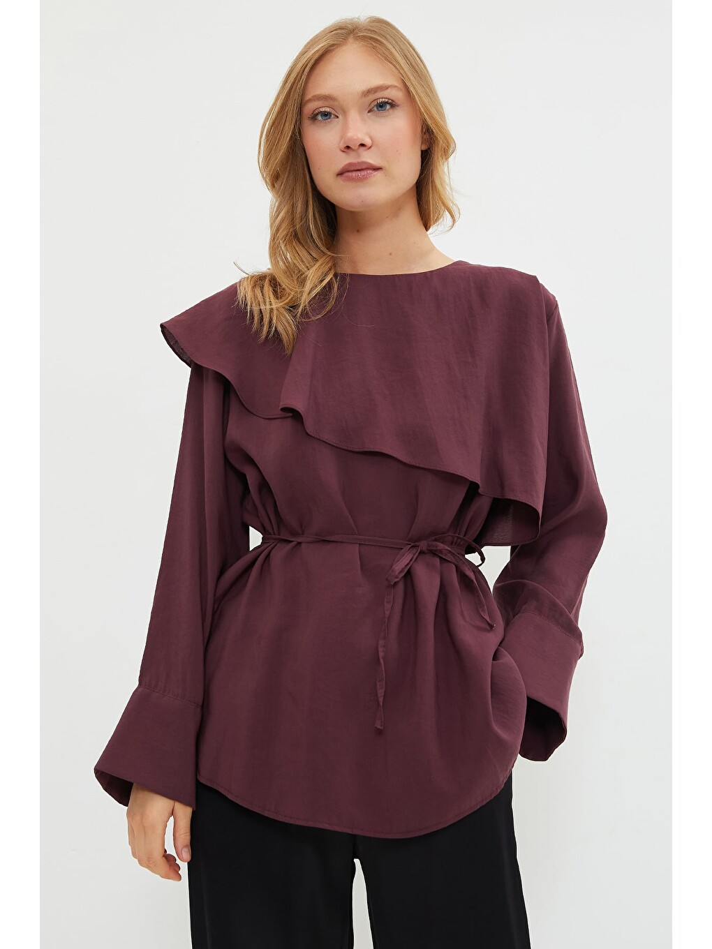 Mürdüm Fullamodest Pelerin Detaylı Beli Bağlamalı Tunik-1