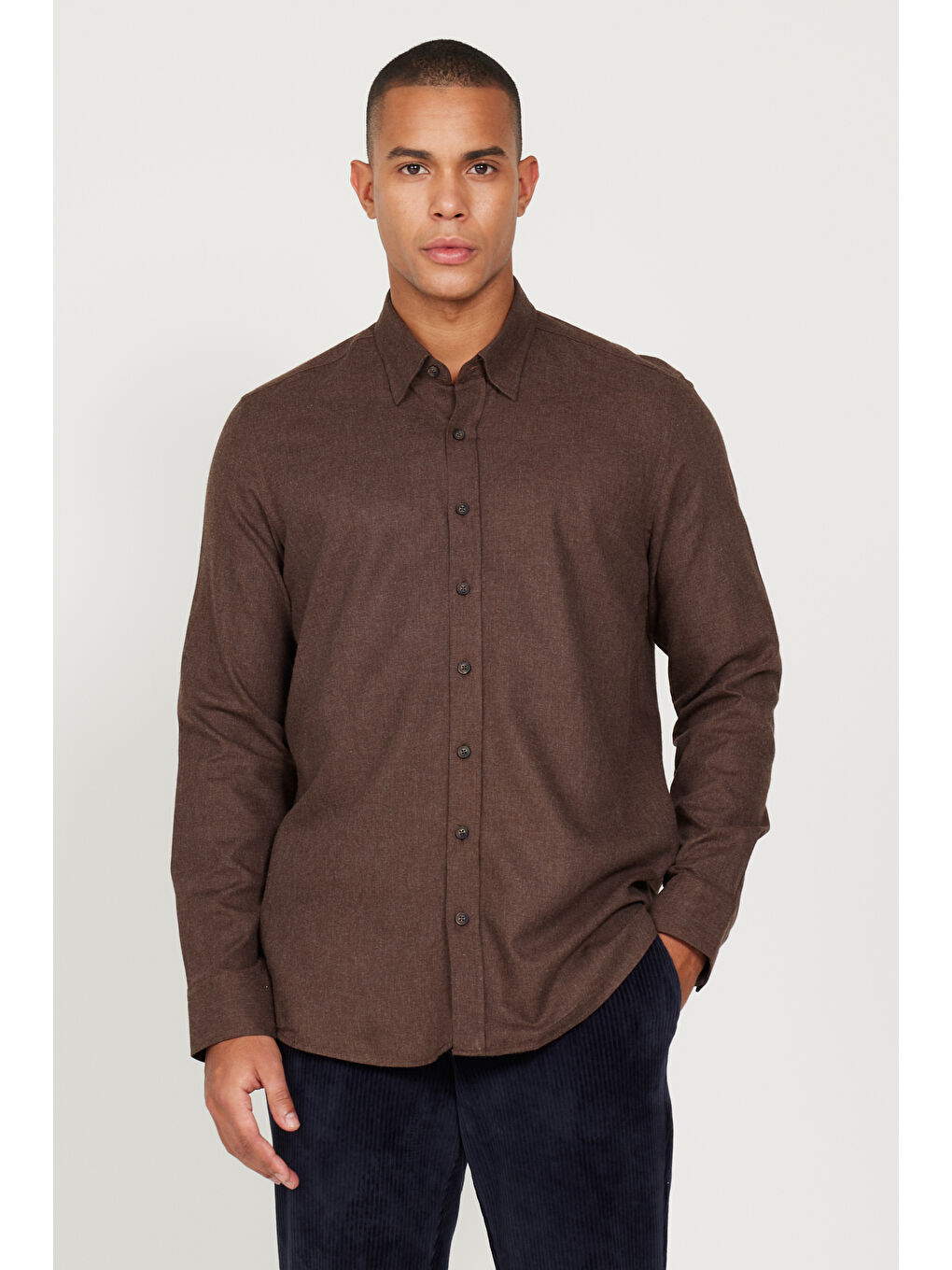 Erkek Kahverengi Recycle Slim Fit Dar Kesim Gizli Düğmeli Yaka Pamuklu Flanel Oduncu Gömlek