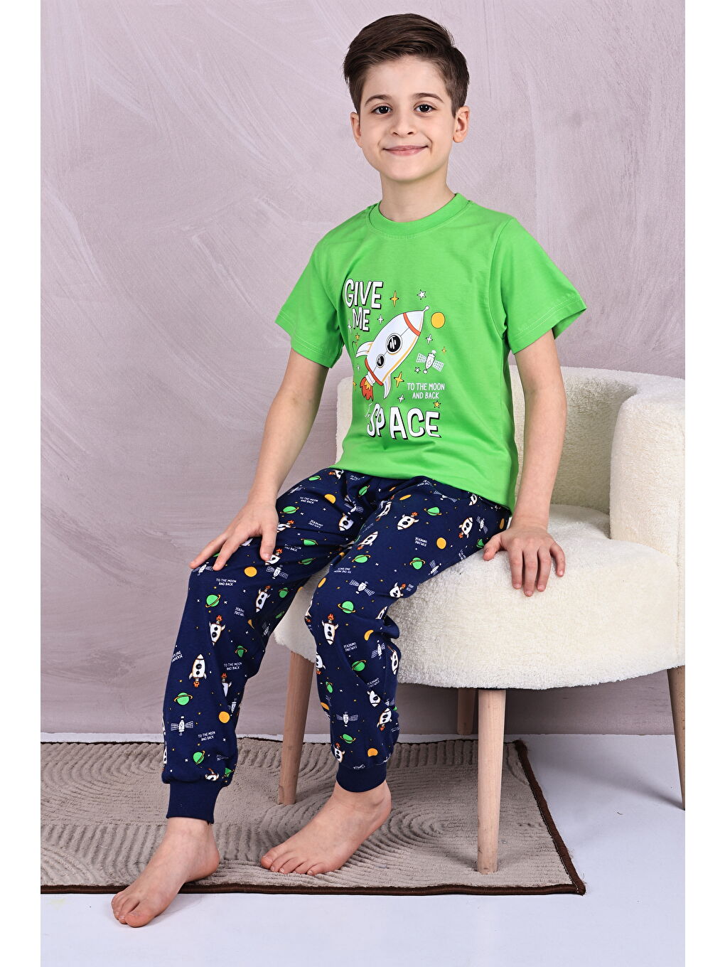 Yeşil Erkek Çocuk %100 Doğal Pamuk Kısa Kollu Pijama Takımı-4