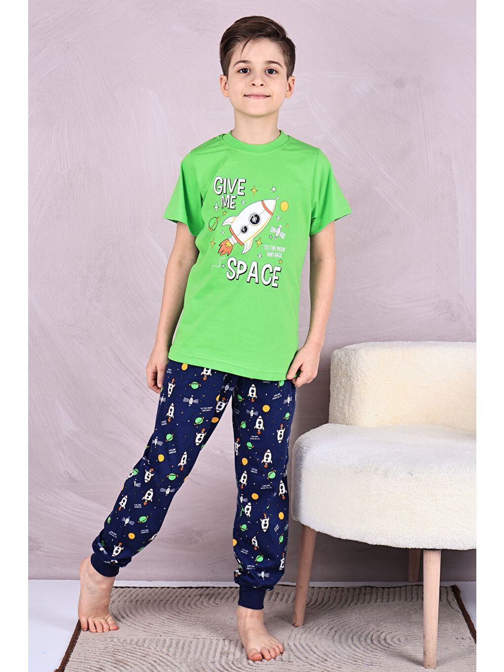 Yeşil Erkek Çocuk %100 Doğal Pamuk Kısa Kollu Pijama Takımı-5