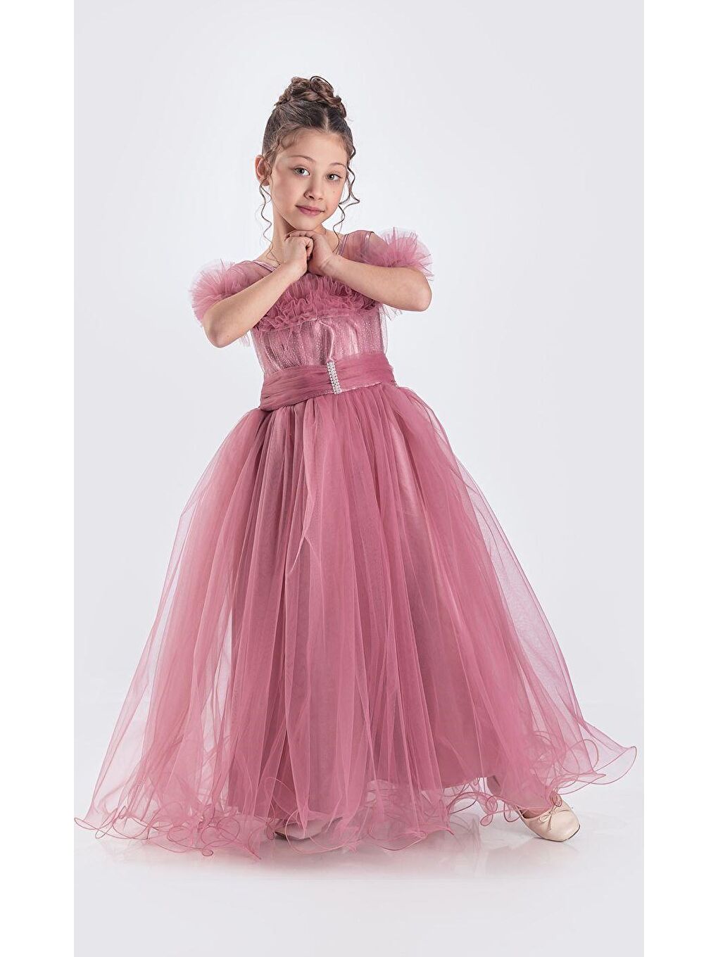 Pembe Uzun Etek Kız Çocuk Robası Şifon Abiye M00723-2