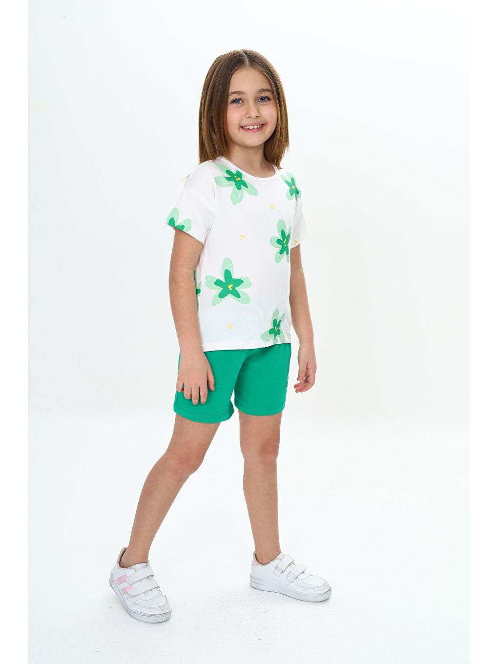 Yeşil Kız Çocuk Garni Çiçek Baskılı Şortlu Takım-3
