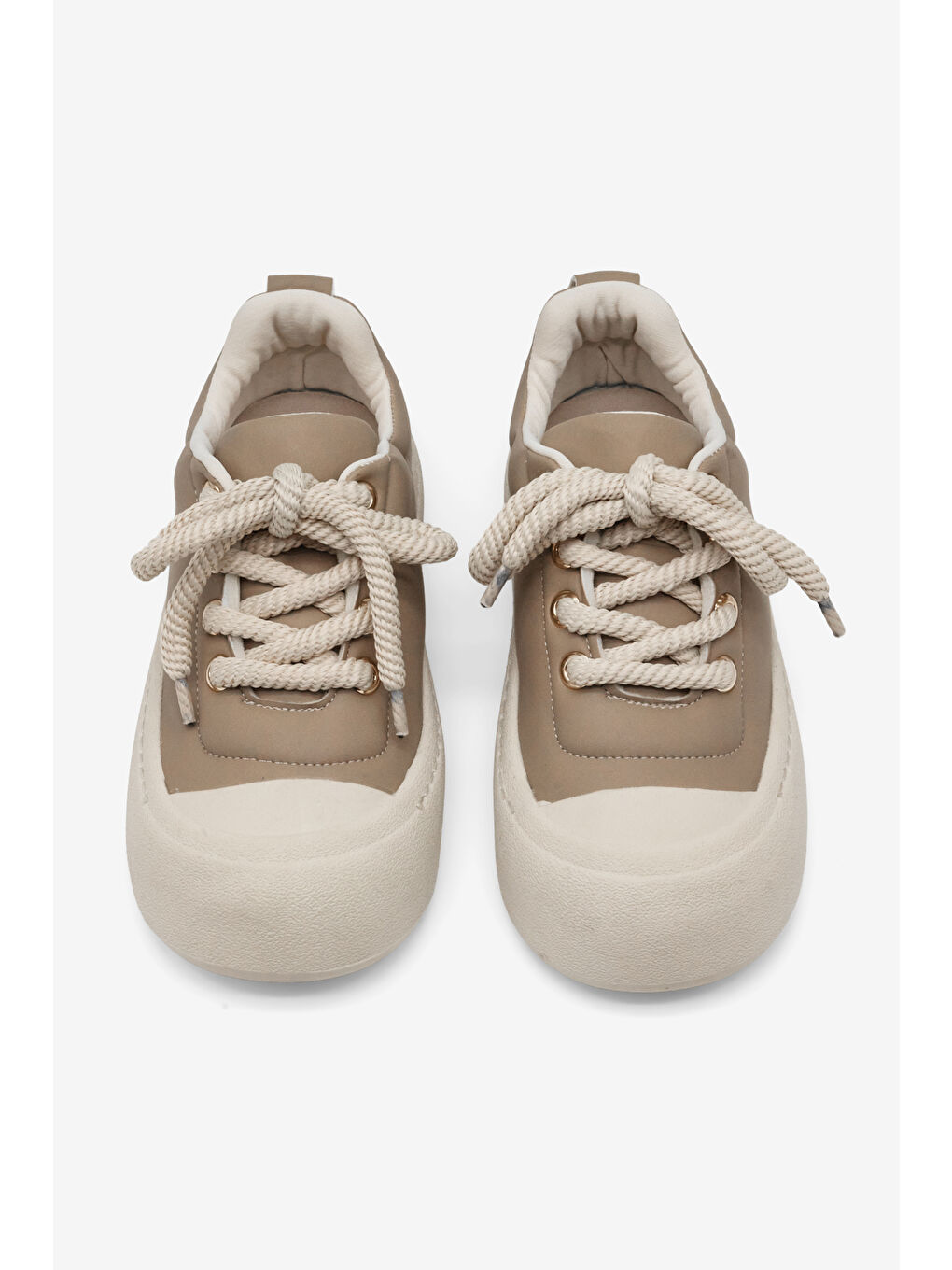 Kadın Bej Rahat Kalıp Kauçuk Taban Bağcıklı Sneaker-3