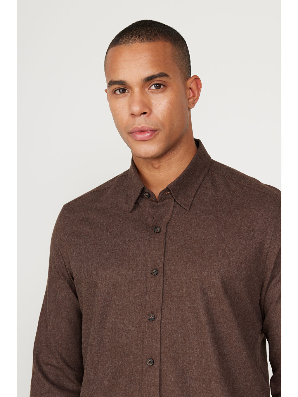 Erkek Kahverengi Recycle Slim Fit Dar Kesim Gizli Düğmeli Yaka Pamuklu Flanel Oduncu Gömlek-4