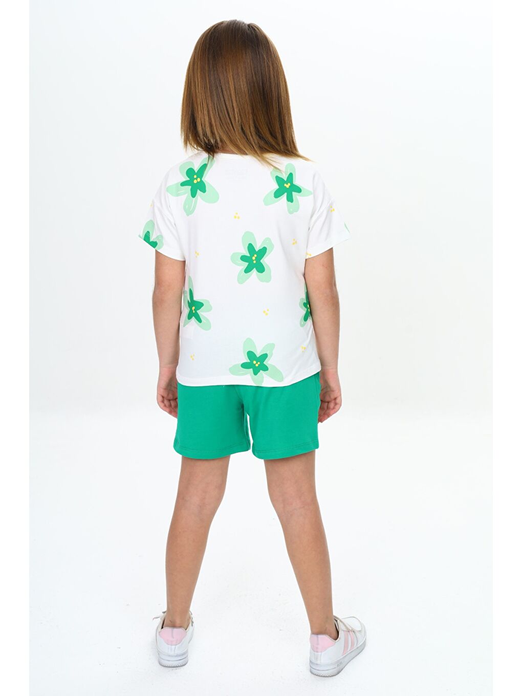 Yeşil Kız Çocuk Garni Çiçek Baskılı Şortlu Takım-4
