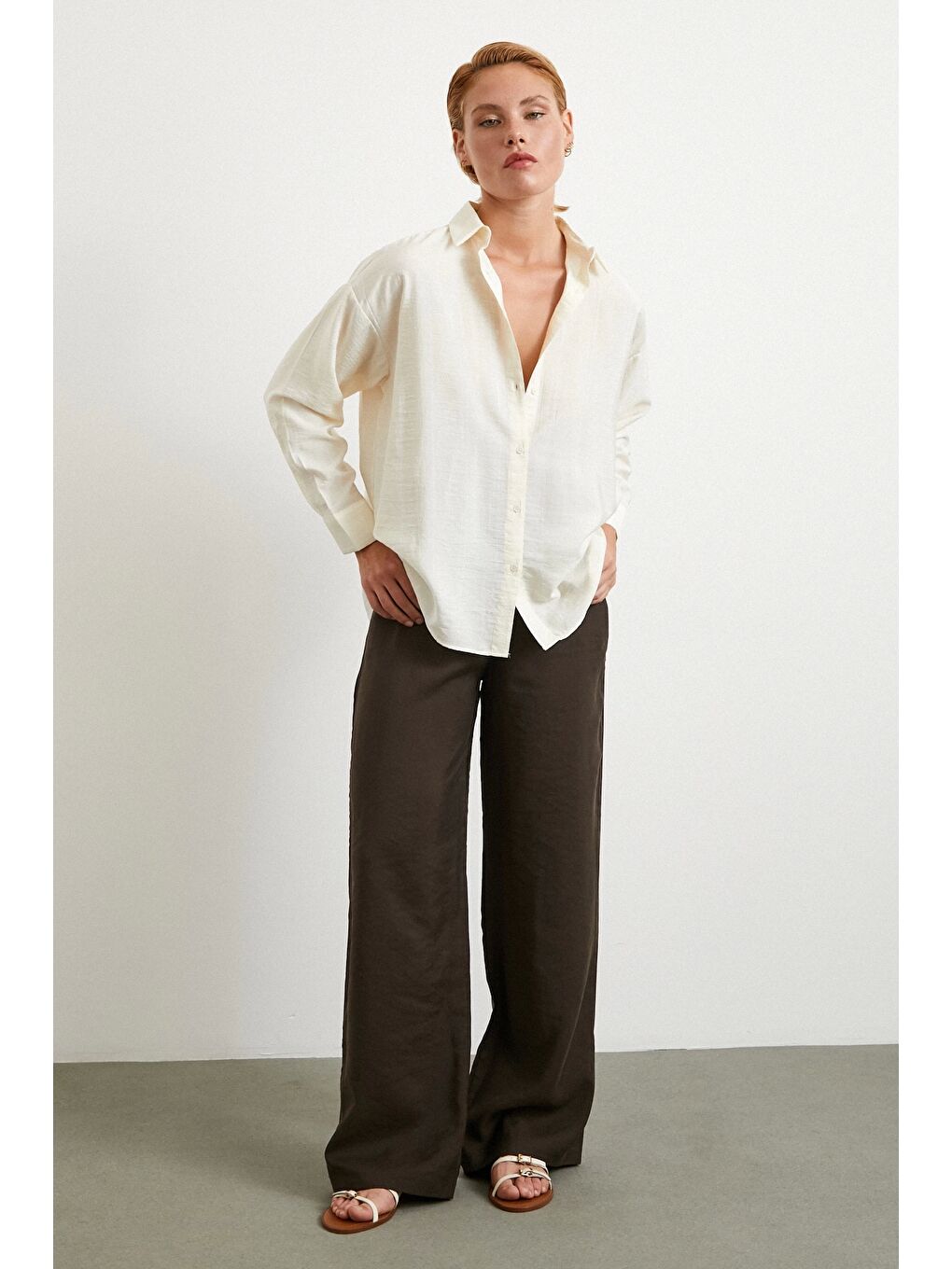 Çift Çizgili Modal Gömlek Ekru-1