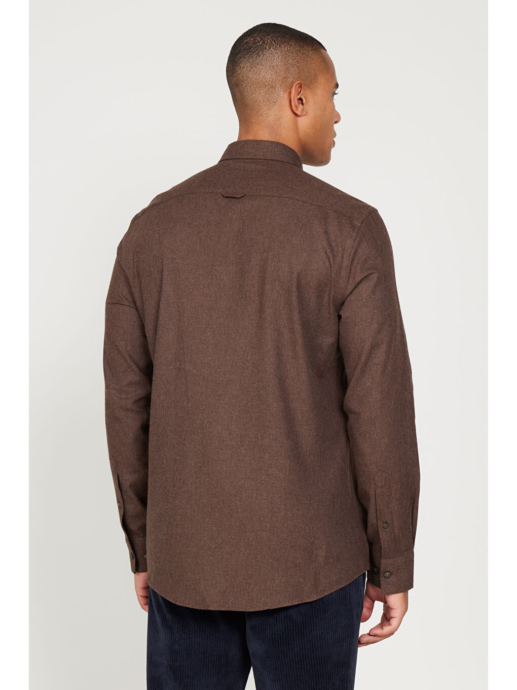 Erkek Kahverengi Recycle Slim Fit Dar Kesim Gizli Düğmeli Yaka Pamuklu Flanel Oduncu Gömlek-5