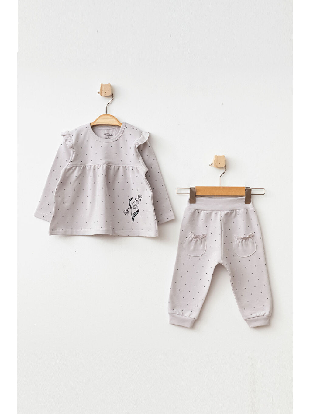 Bej Çiçek Desenli Sweatshirt Pantolon 2 'li Alt Üst Bebek Takımı 3 Ay-36 Ay