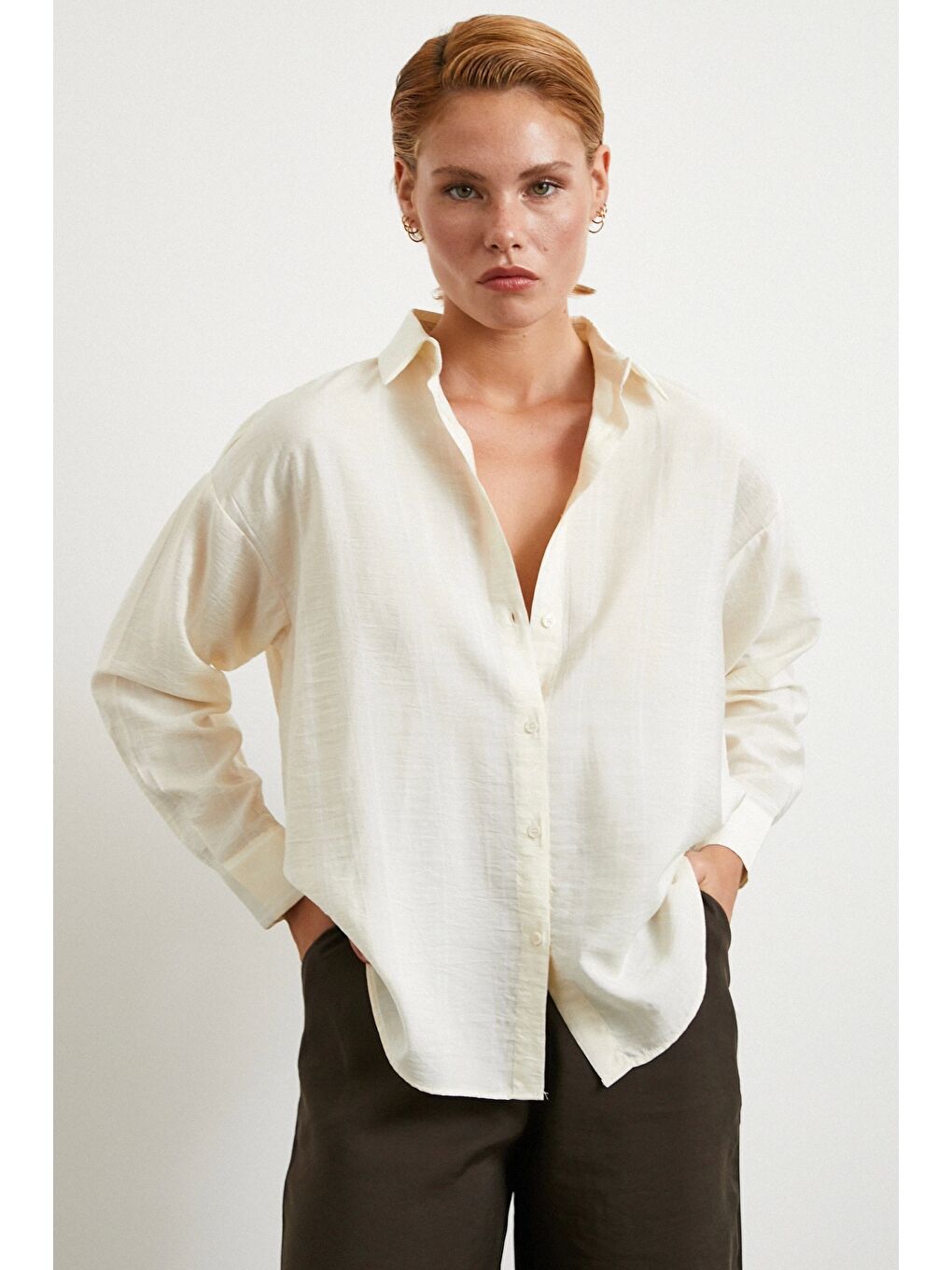 Çift Çizgili Modal Gömlek Ekru-2