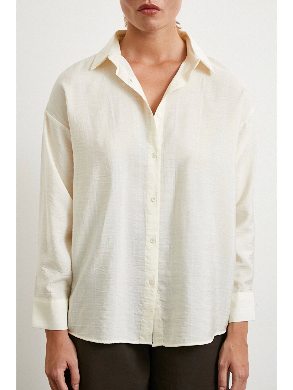 Çift Çizgili Modal Gömlek Ekru-3