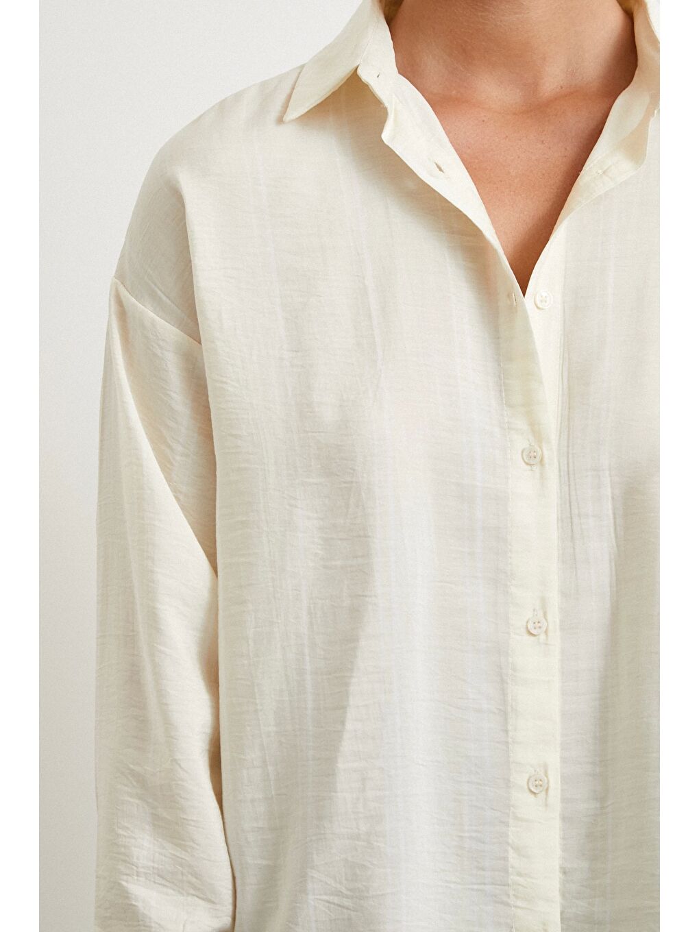 Çift Çizgili Modal Gömlek Ekru-4