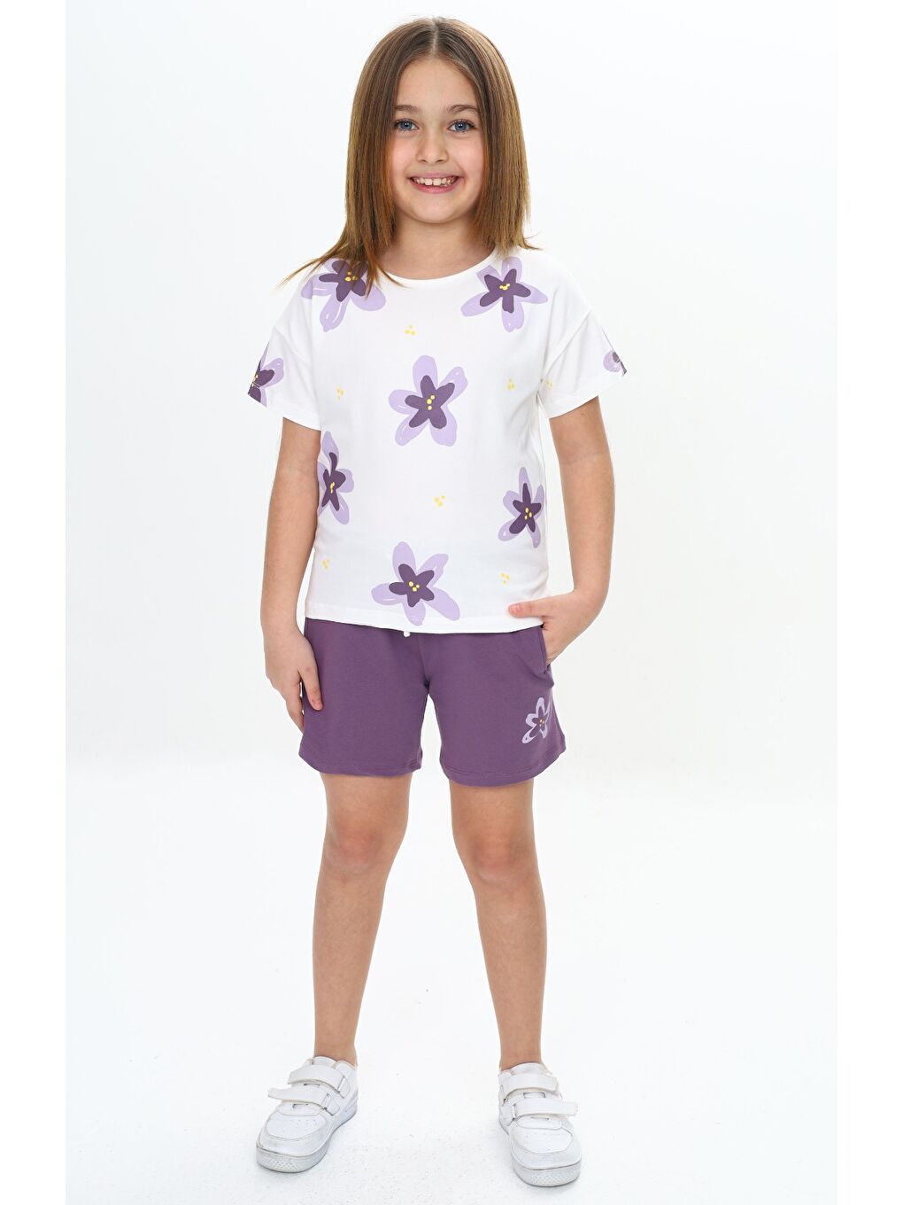 Mor Kız Çocuk Garni Çiçek Baskılı Şortlu Takım