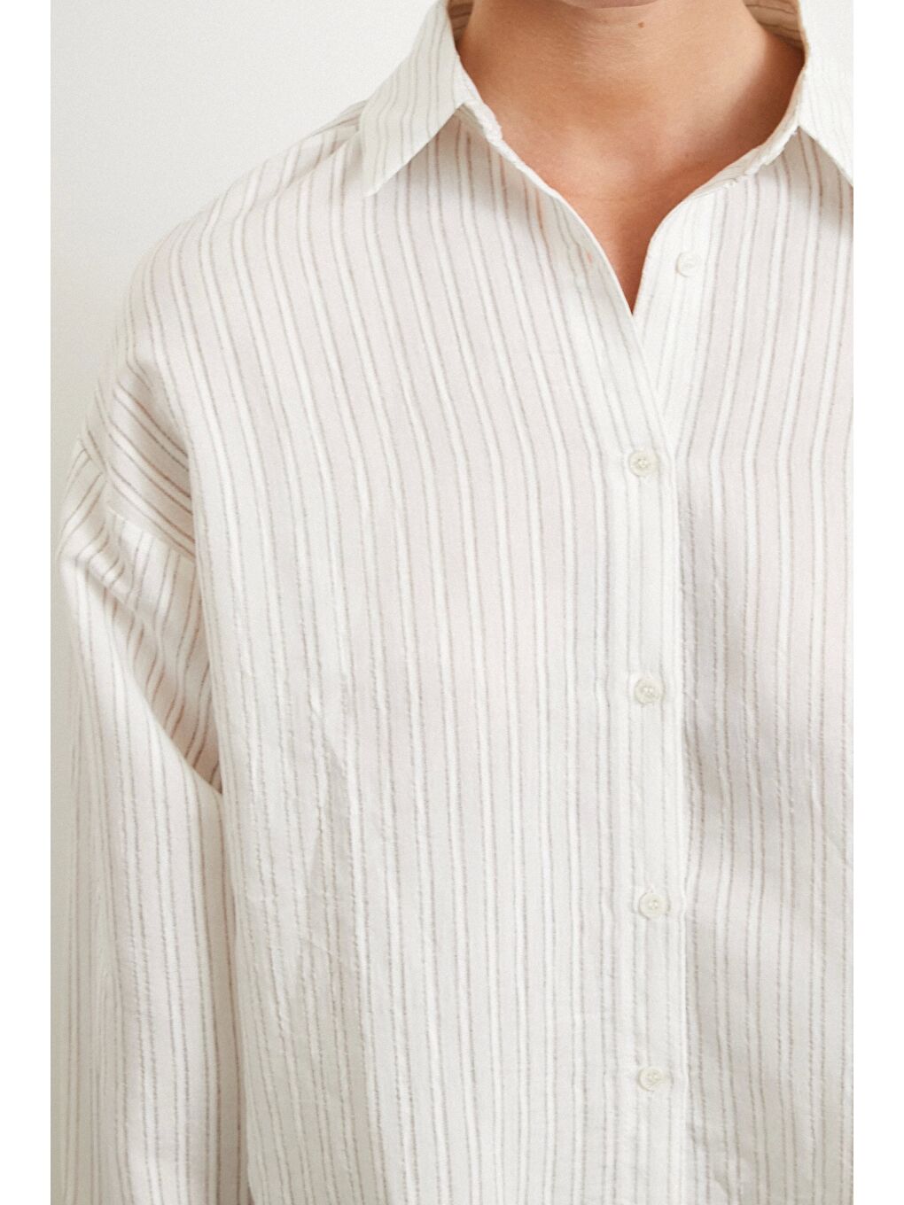 Bej Simetrik Çizgili Gömlek Taş-4