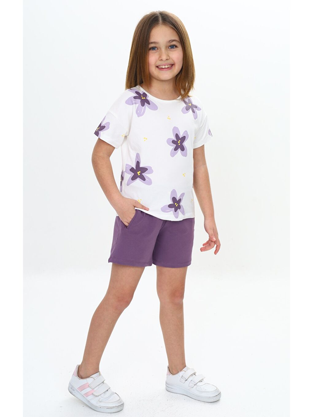 Mor Kız Çocuk Garni Çiçek Baskılı Şortlu Takım-2