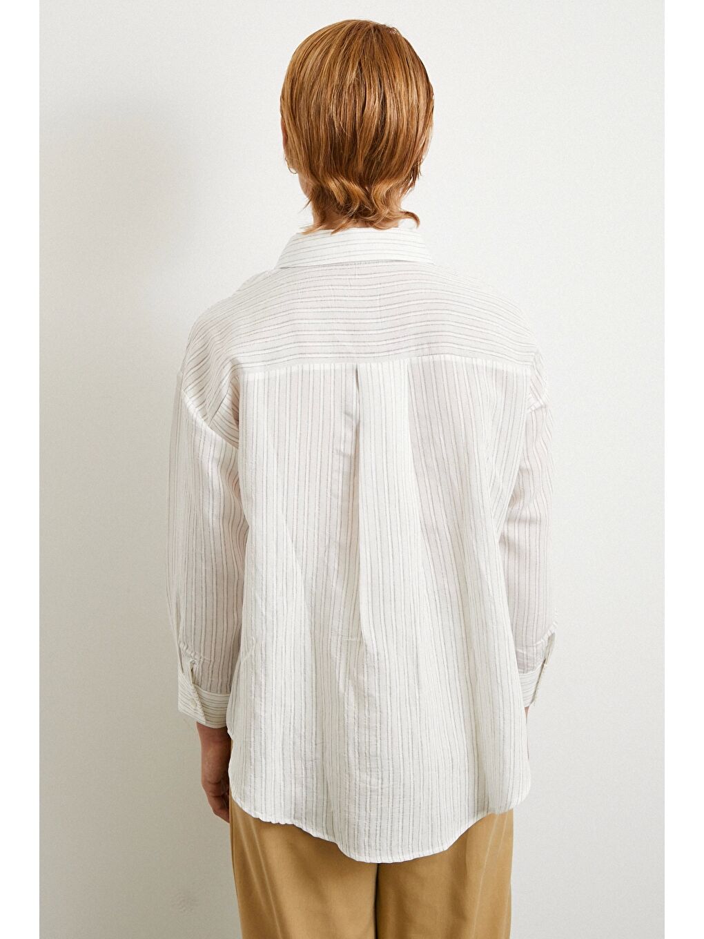 Bej Simetrik Çizgili Gömlek Taş-5