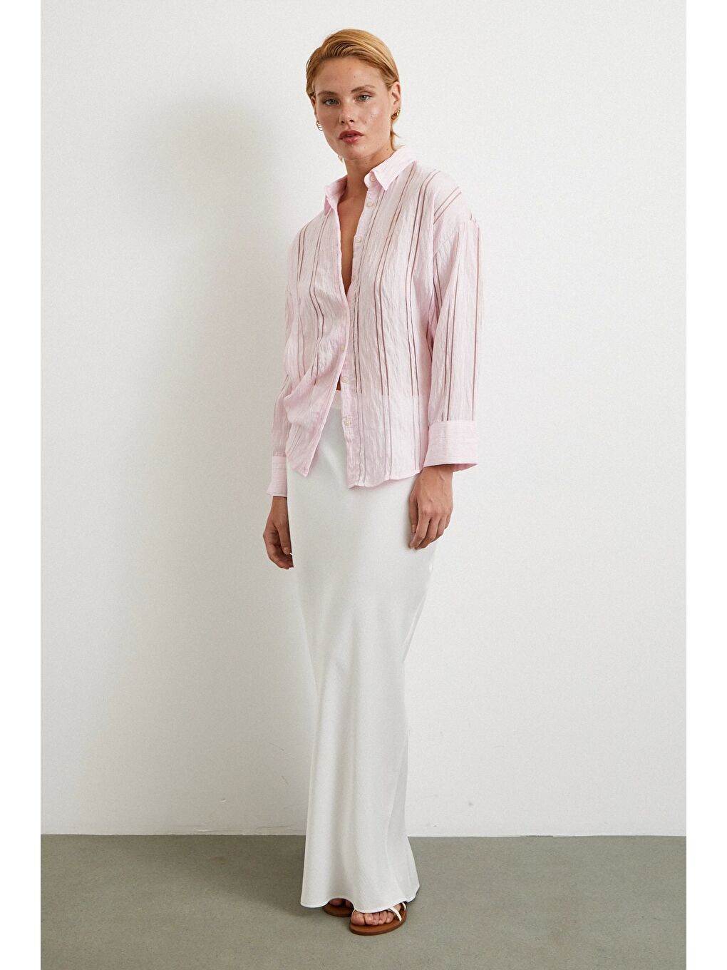 Organze Çizgili Gömlek Pembe-1