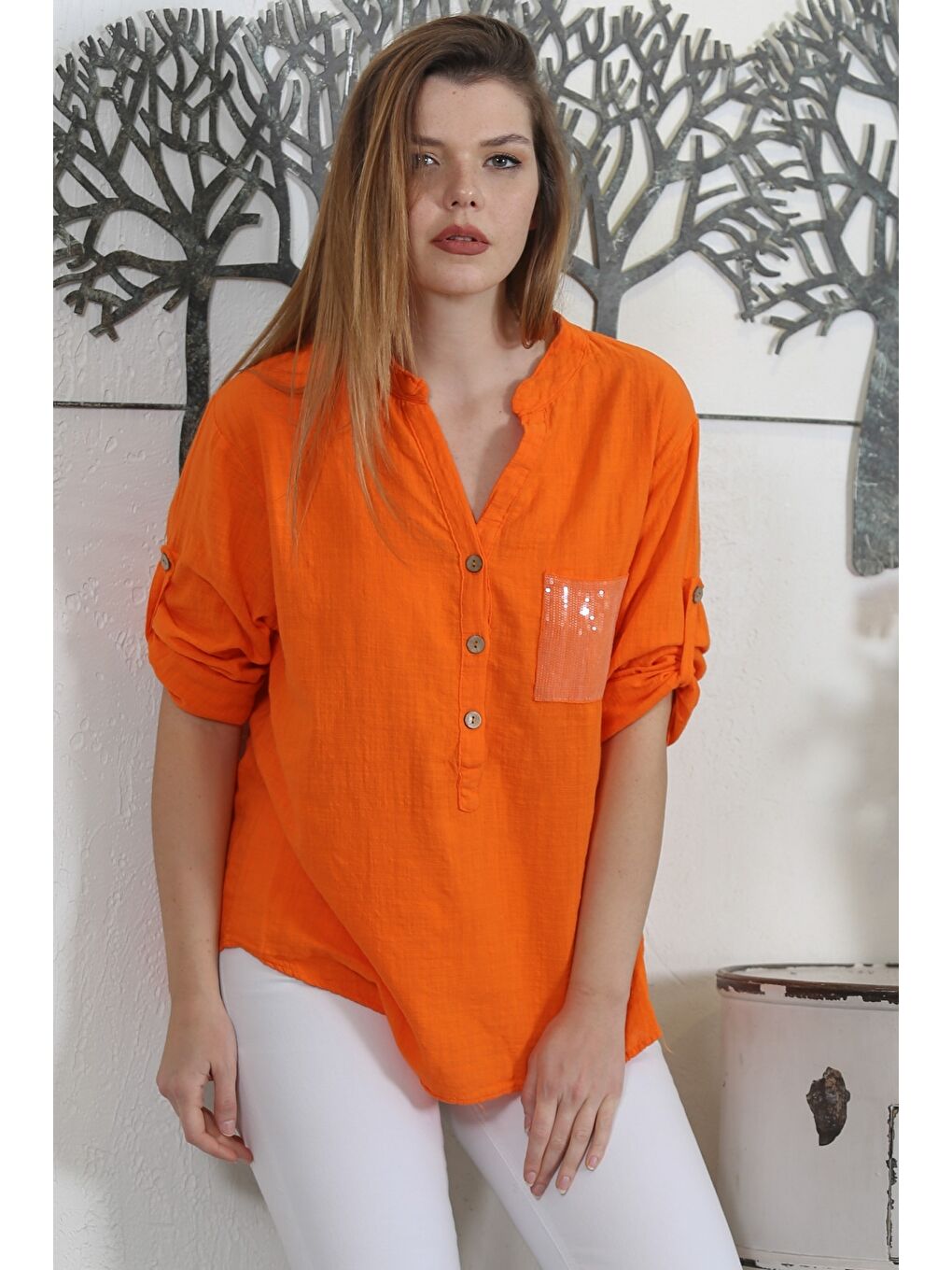 İtalyan Turuncu Hakim Yaka Uzun Kol Yaka Kapaması Düğmeli Pullu Cepli Yıkamalı Dokuma Casual Bluz-6