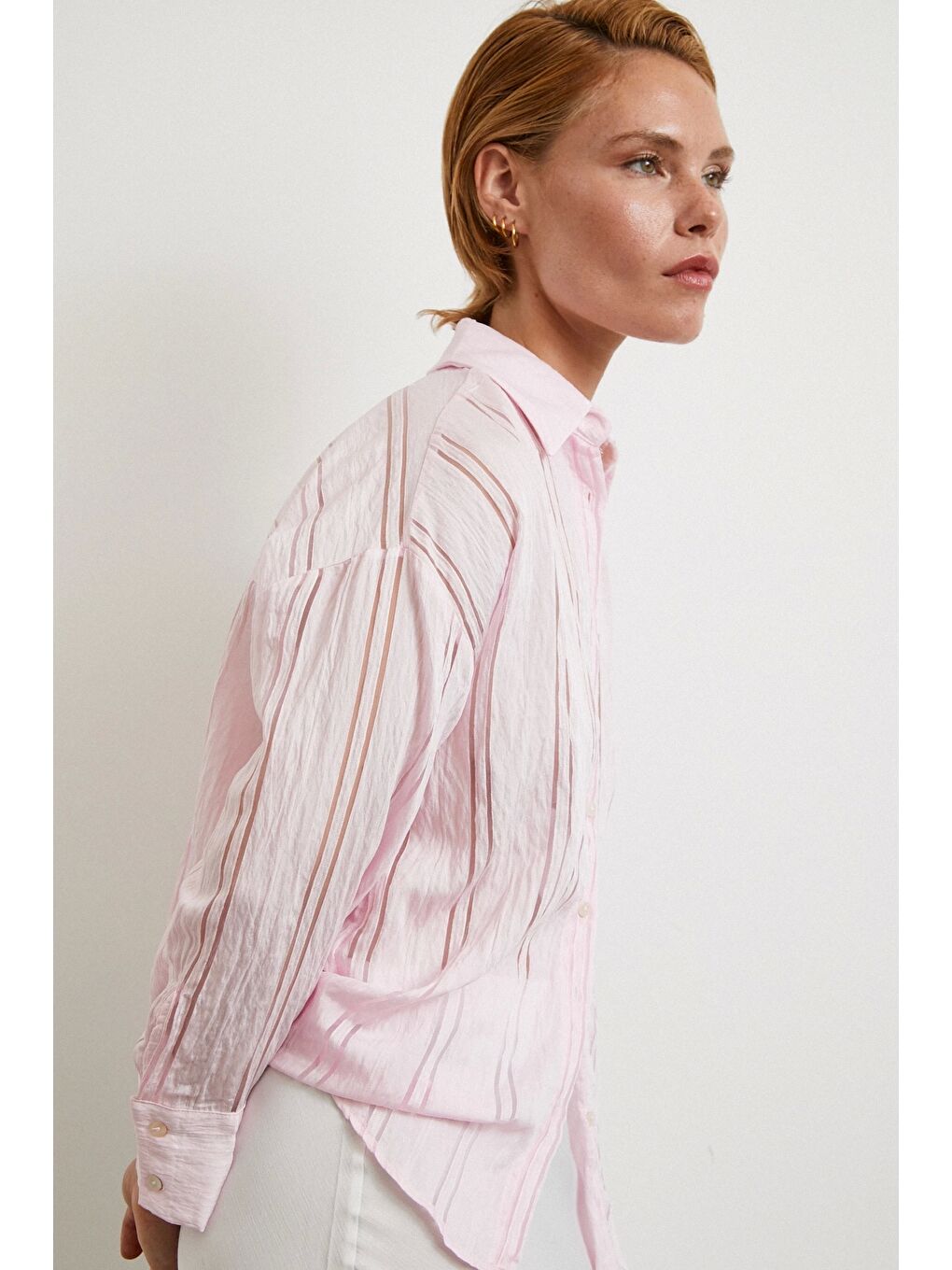 Organze Çizgili Gömlek Pembe-2