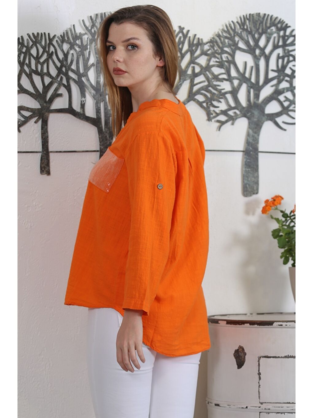 İtalyan Turuncu Hakim Yaka Uzun Kol Yaka Kapaması Düğmeli Pullu Cepli Yıkamalı Dokuma Casual Bluz-7