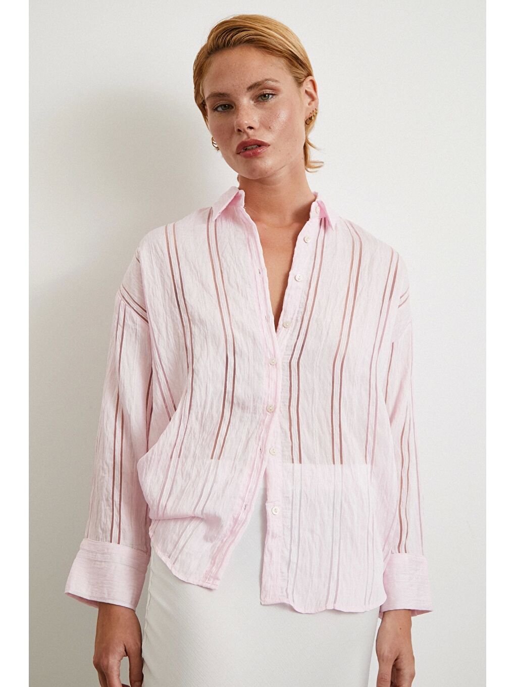 Organze Çizgili Gömlek Pembe-3