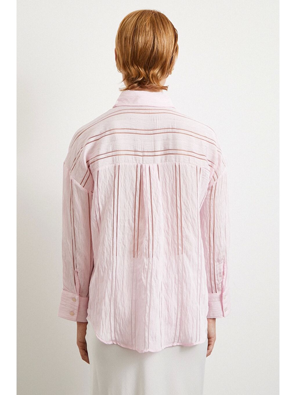 Organze Çizgili Gömlek Pembe-4