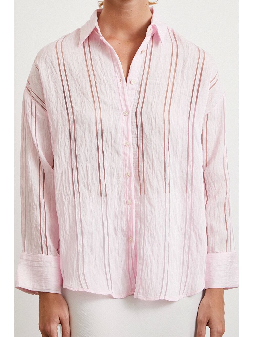 Organze Çizgili Gömlek Pembe-5