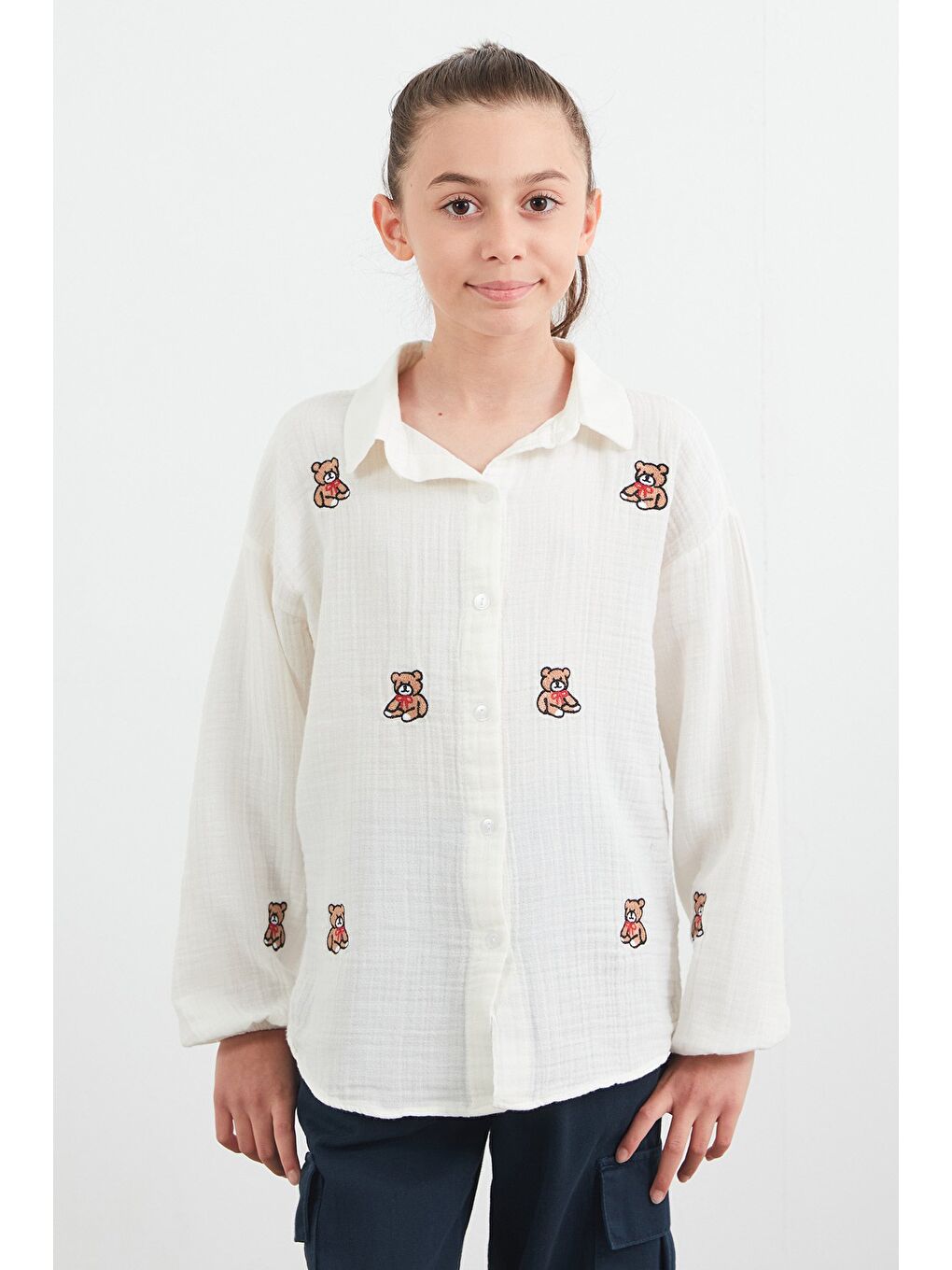 Ekru %100 Pamuk Ayıcık Nakışlı Kız Çocuk Gömlek-1