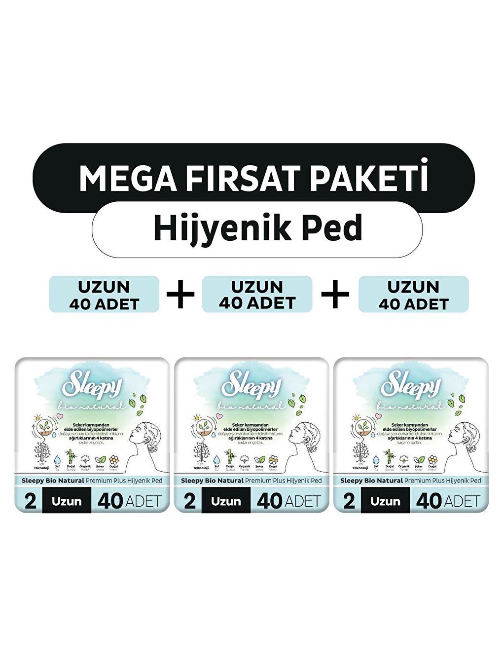 Sleepy Beyaz Bio Natural Premium Plus Hijyenik Ped Uzun 120 Adet