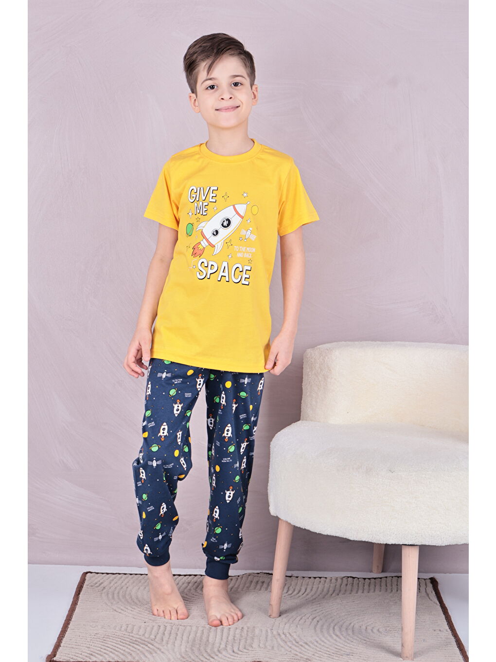 Sarı Erkek Çocuk %100 Doğal Pamuk Kısa Kollu Pijama Takımı-2