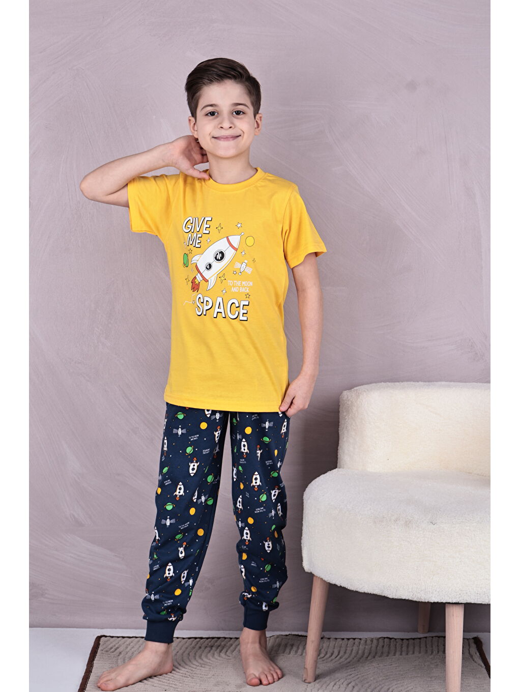 Sarı Erkek Çocuk %100 Doğal Pamuk Kısa Kollu Pijama Takımı-3