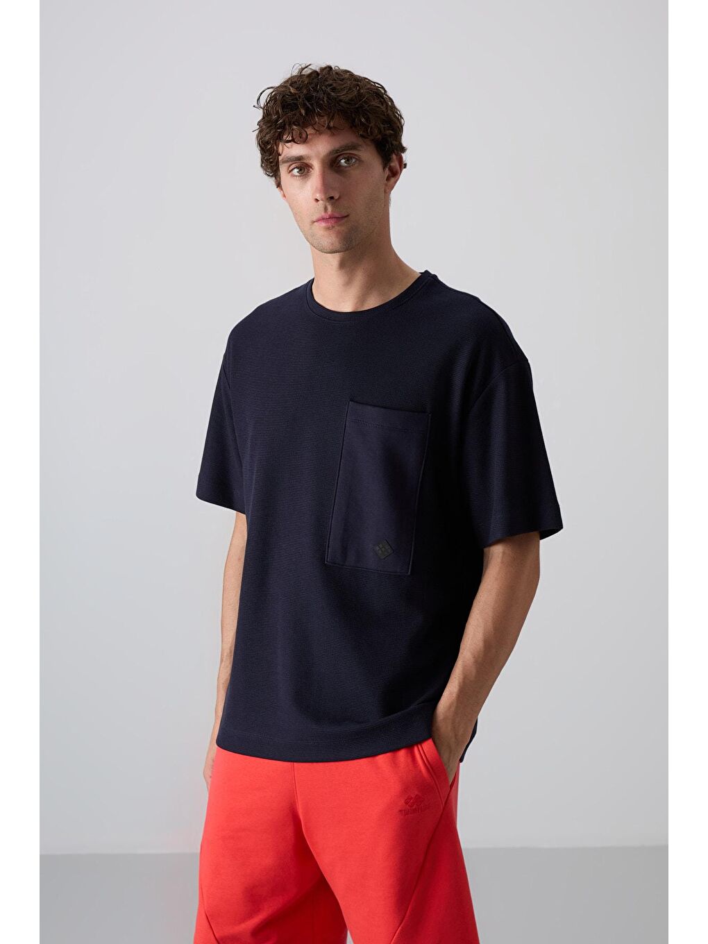 TOMMYLIFE Lacivert Pamuklu Kalın Yüzeyi Dokulu Oversize Fit Basic Erkek T-Shirt - 88341 - 3