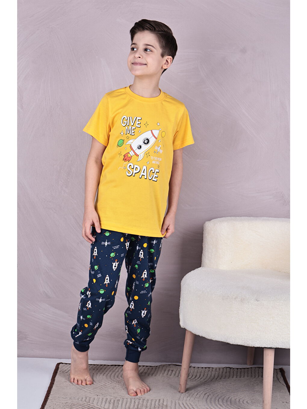 Sarı Erkek Çocuk %100 Doğal Pamuk Kısa Kollu Pijama Takımı-4