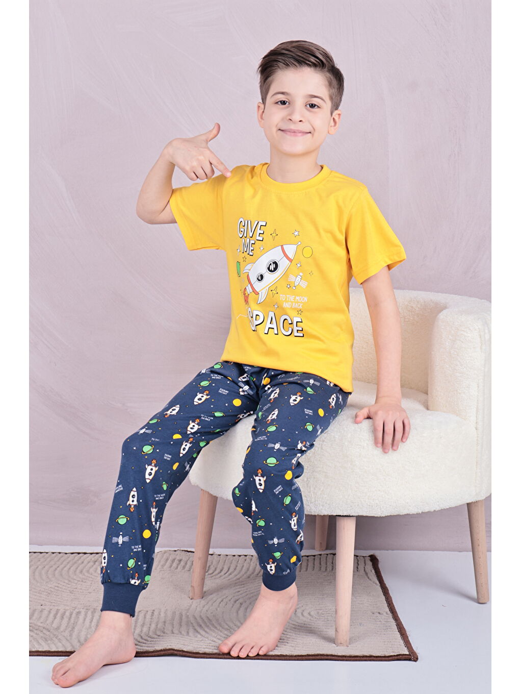 Sarı Erkek Çocuk %100 Doğal Pamuk Kısa Kollu Pijama Takımı-5