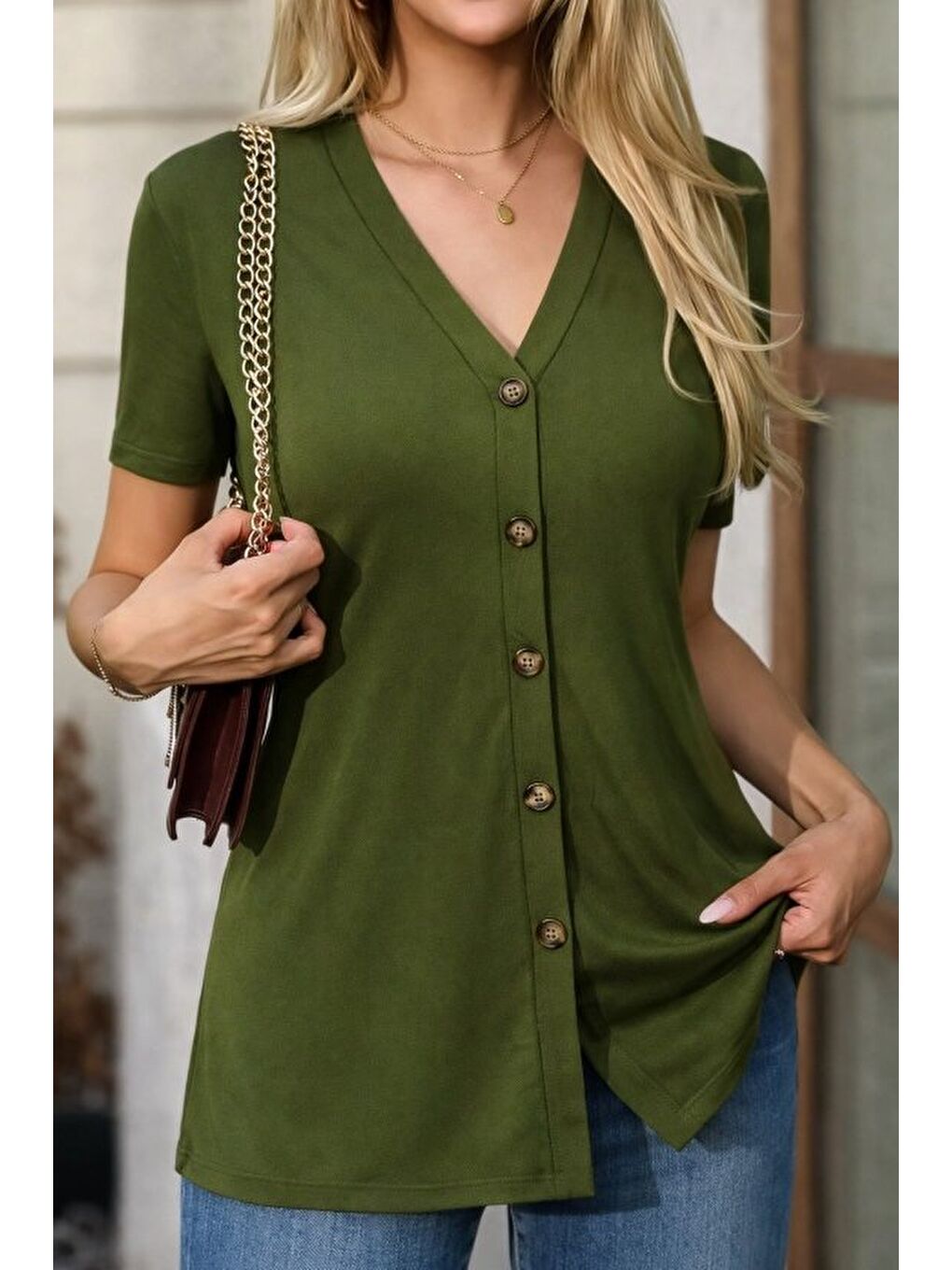 Haki Kadın Kısa Kollu V Yakalı önü Düğmeli Viskon Bluz