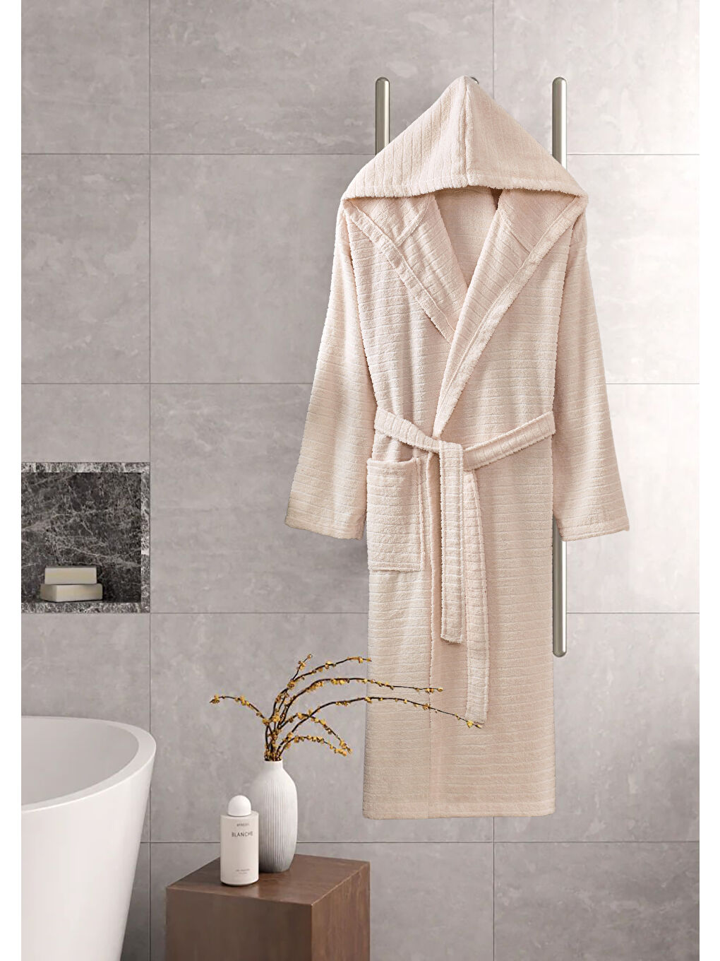 Bej Yüksek Kalite Kapüşonlu Bornoz Antrasit %100 Pamuklu