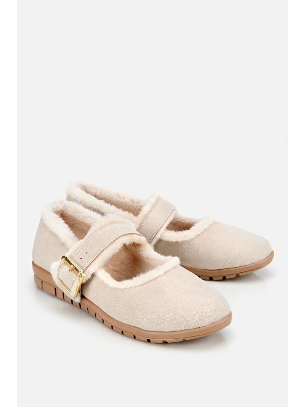 Kadın Bej Kürklü Kemerli Mary Jane Babet-1