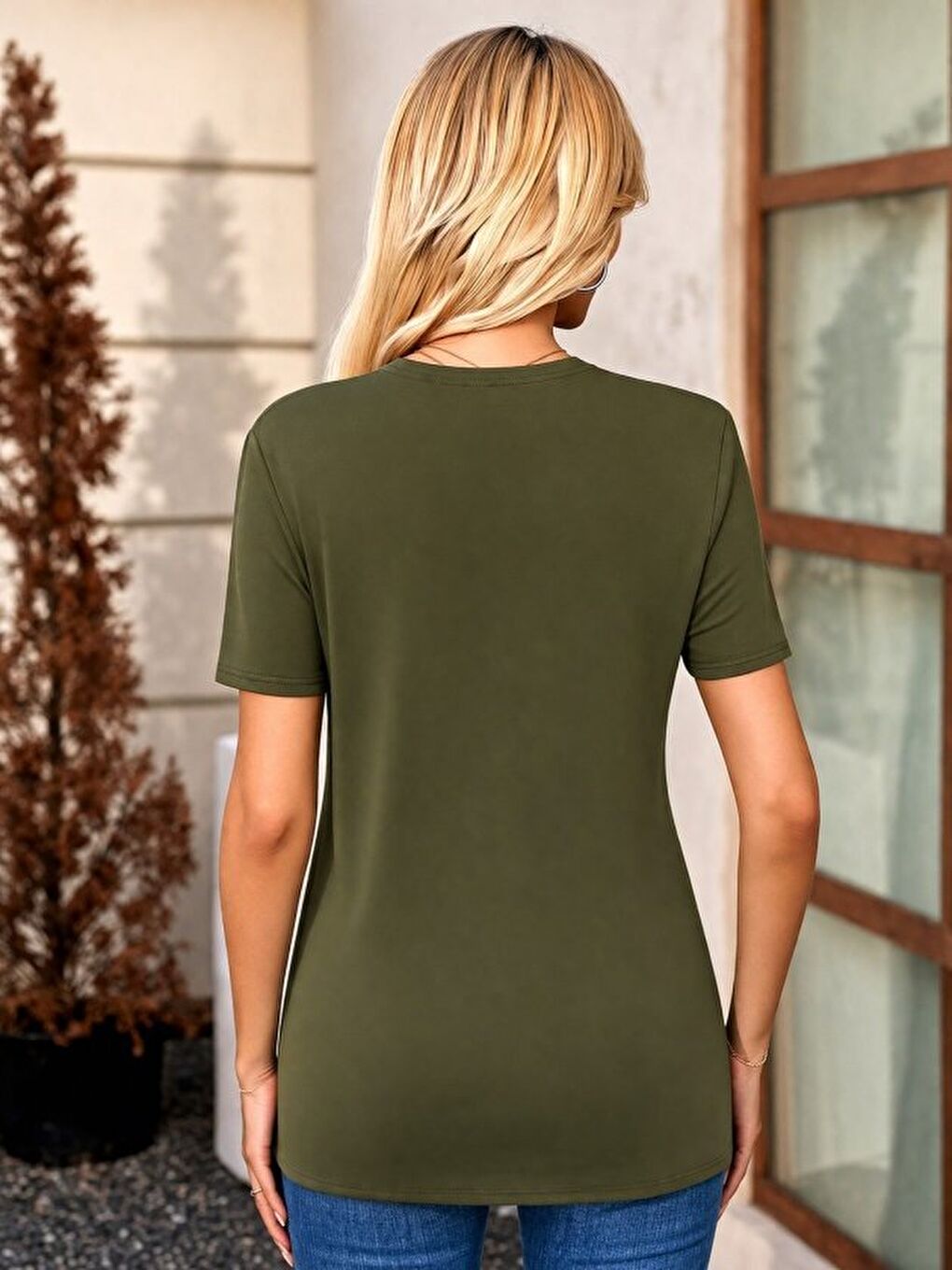 Haki Kadın Kısa Kollu V Yakalı önü Düğmeli Viskon Bluz-1