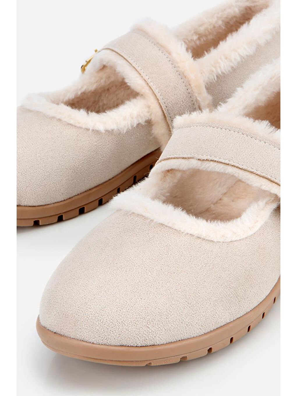 Kadın Bej Kürklü Kemerli Mary Jane Babet-3