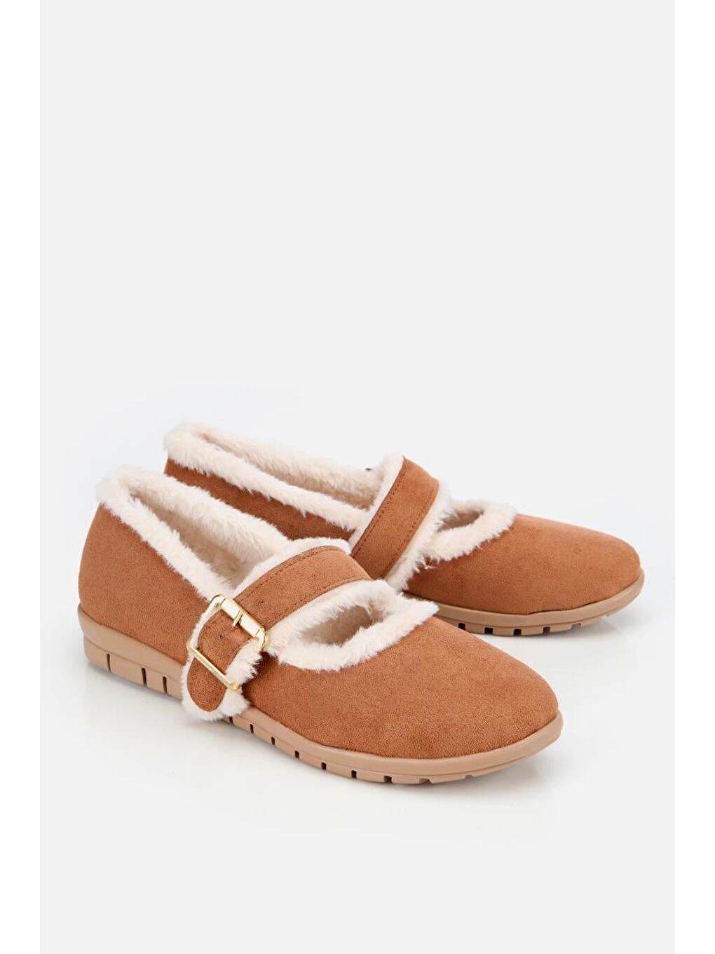 Kahverengi Kadın Taba Kürklü Kemerli Mary Jane Babet-1