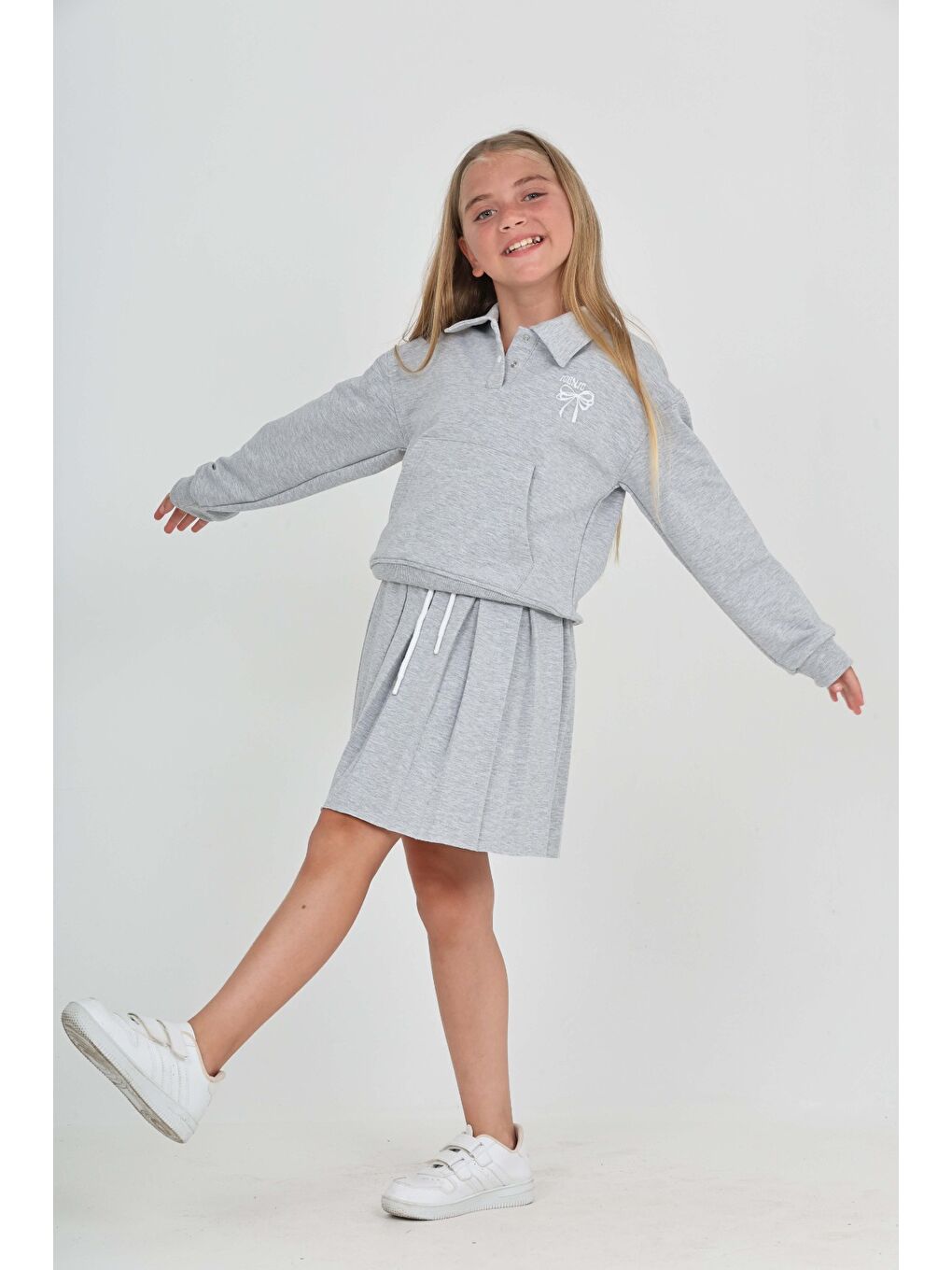 Gri Toontoy Kız Çocuk Fiyonk Nakışlı Etekli Takım