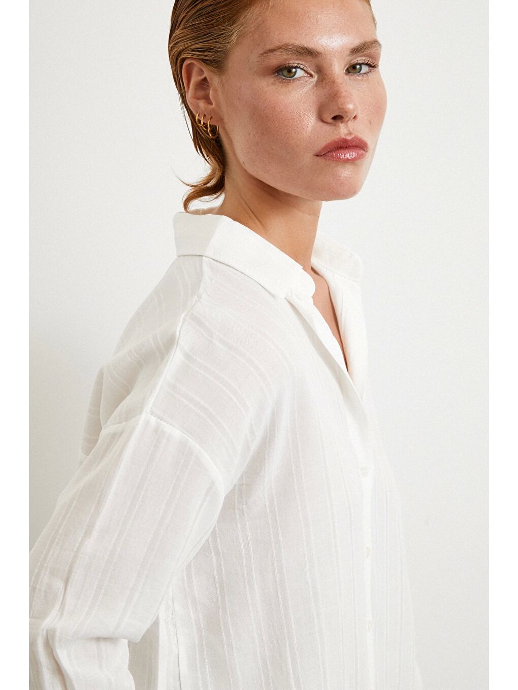 Çizgili Pamuk Gömlek Beyaz