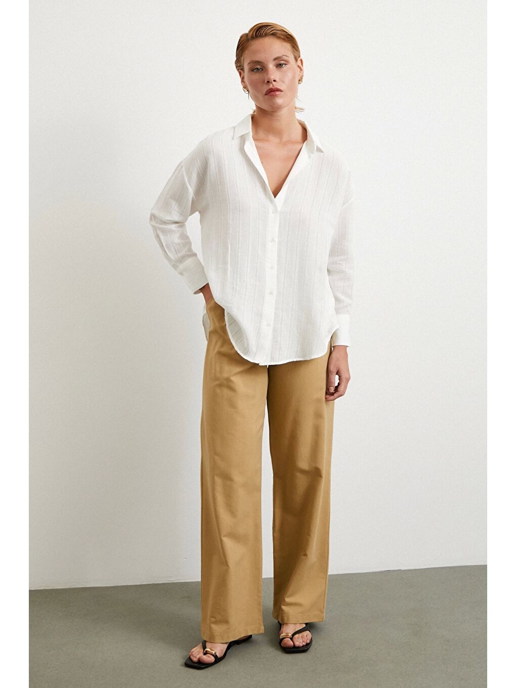 Çizgili Pamuk Gömlek Beyaz-1