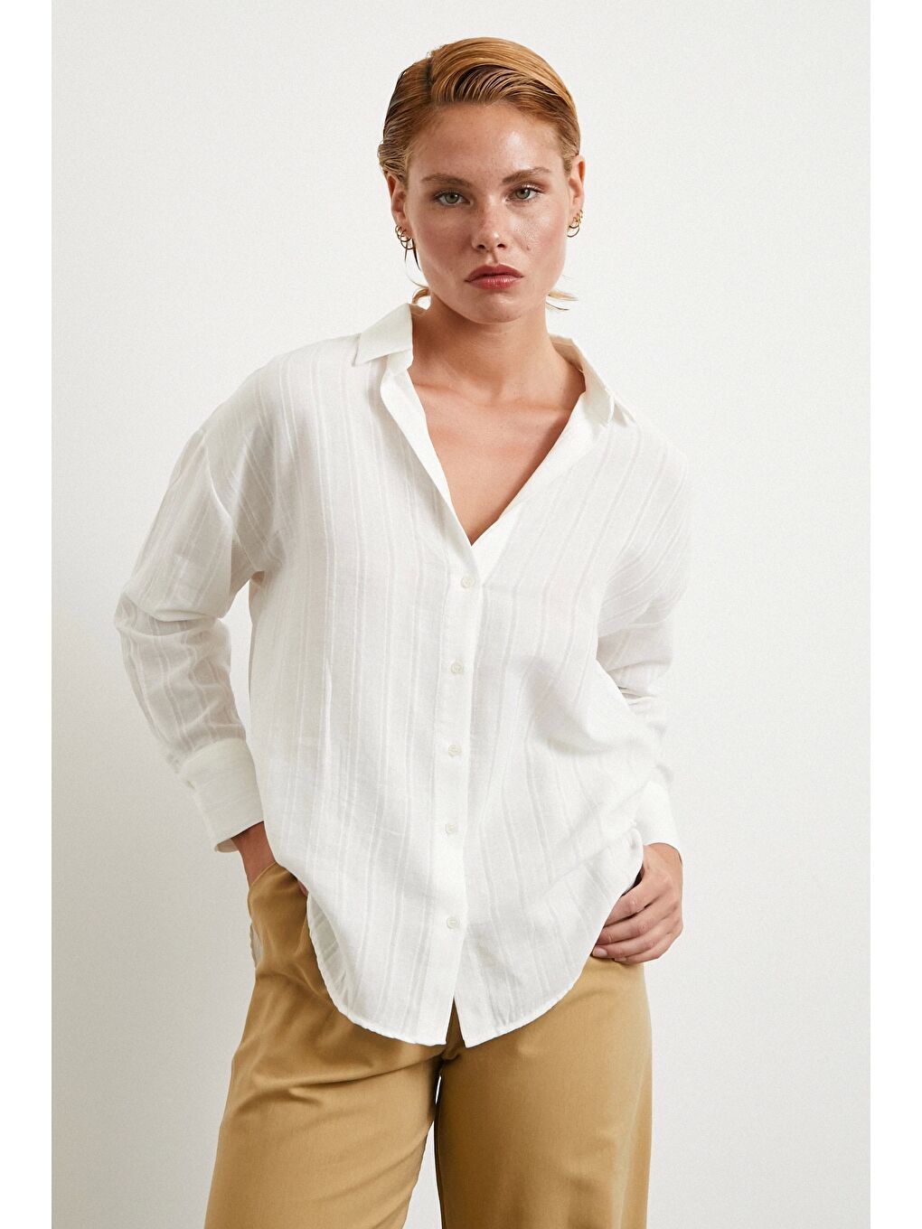 Çizgili Pamuk Gömlek Beyaz-2