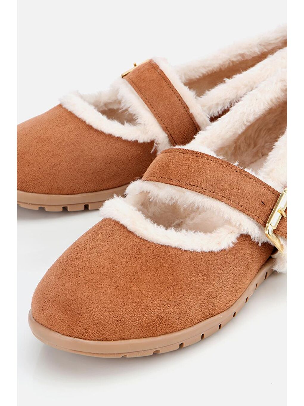 Kahverengi Kadın Taba Kürklü Kemerli Mary Jane Babet-3