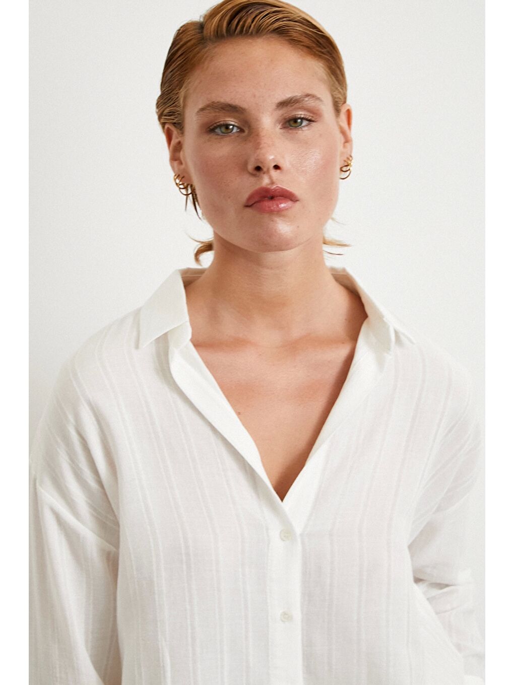 Çizgili Pamuk Gömlek Beyaz-3