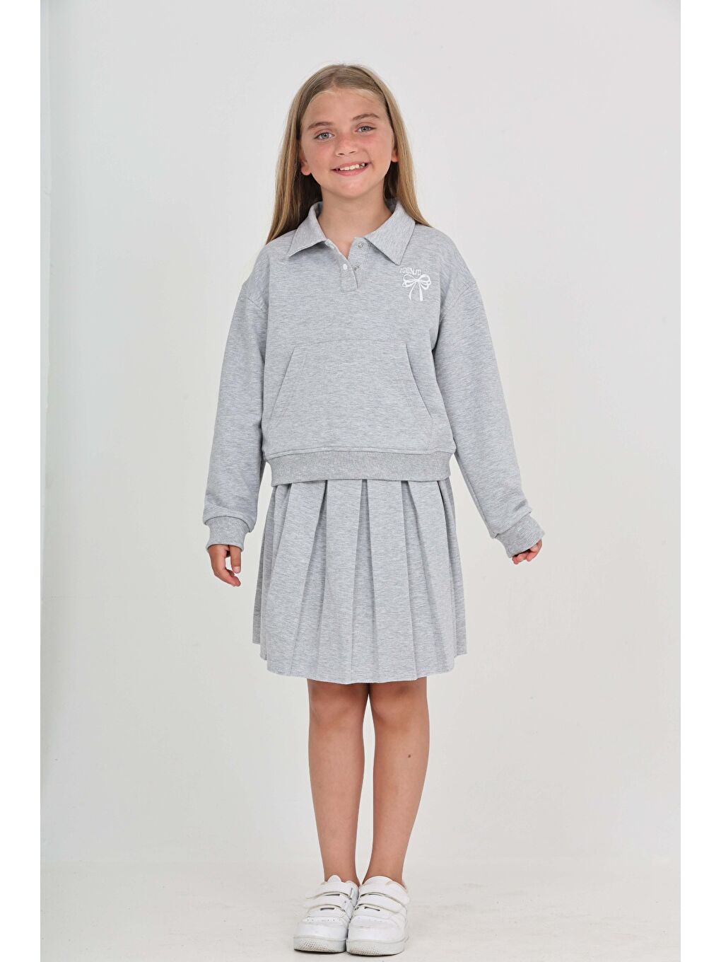 Gri Toontoy Kız Çocuk Fiyonk Nakışlı Etekli Takım-2