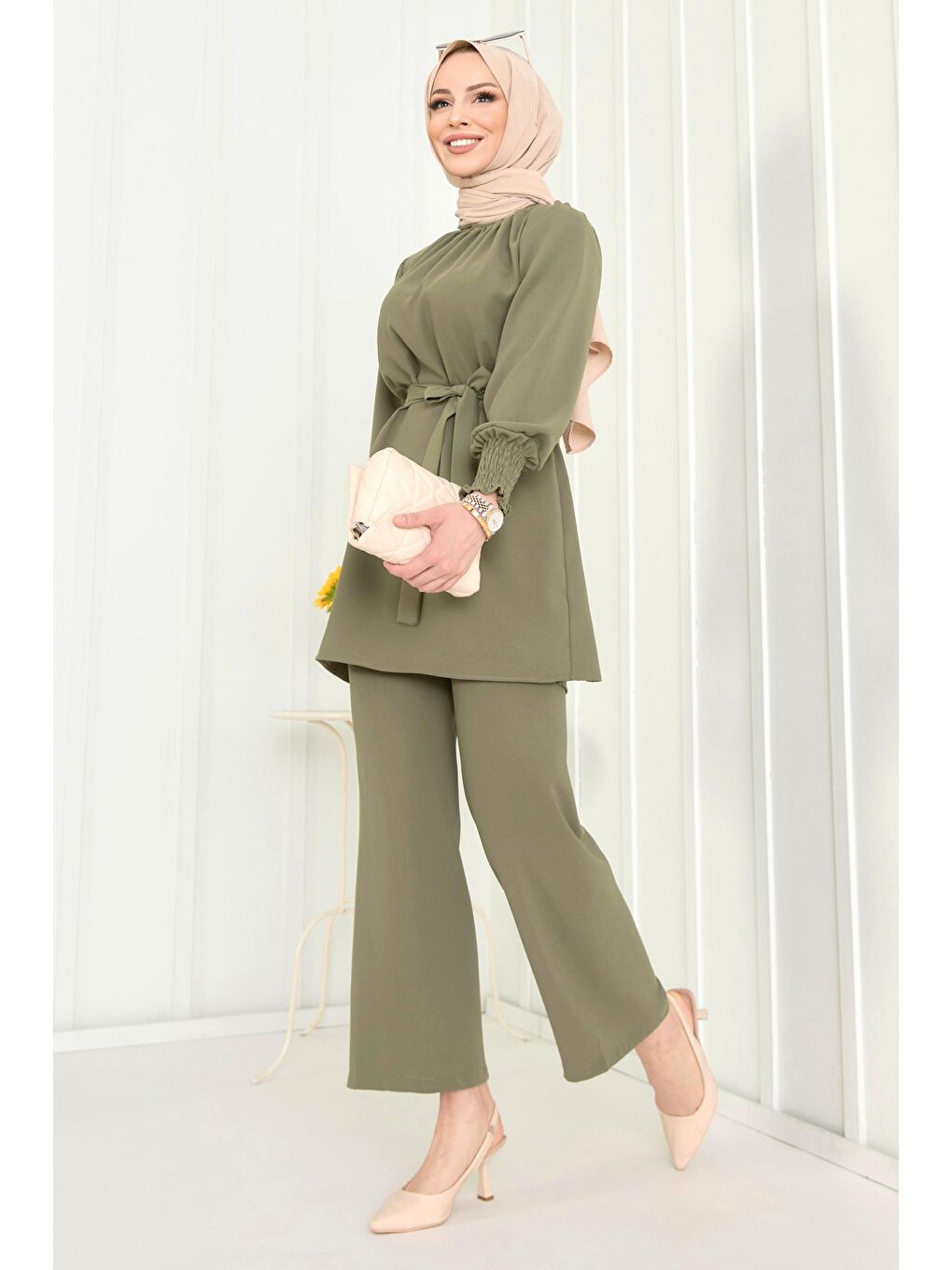 Hakim Yaka Kadın Haki Tunik+Pantolon - 13019