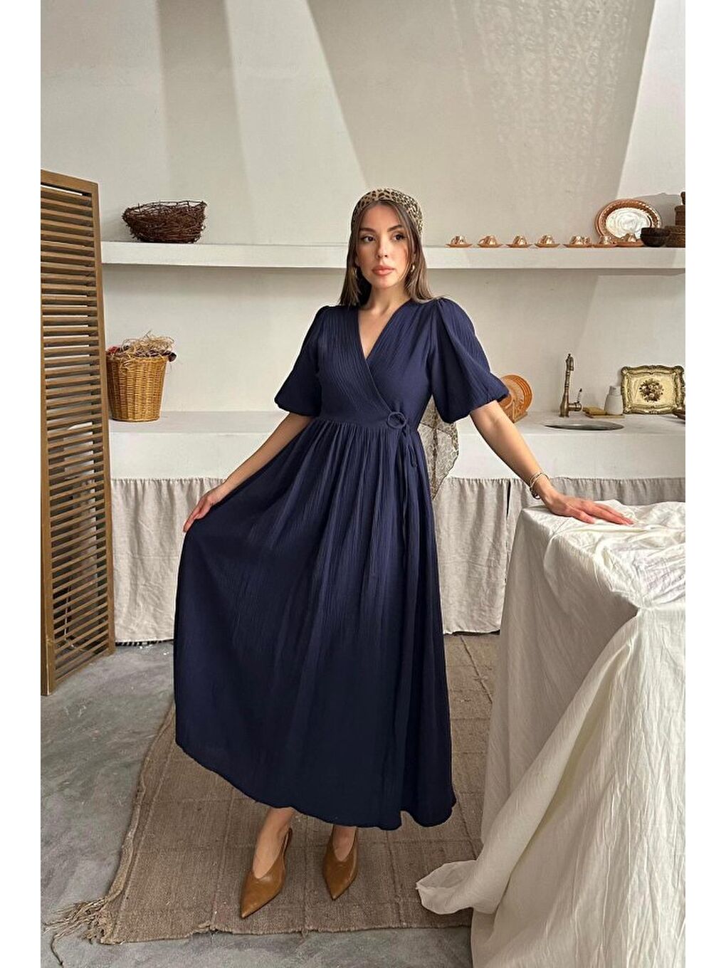 Lacivert Müslin Uzun Elbise-1