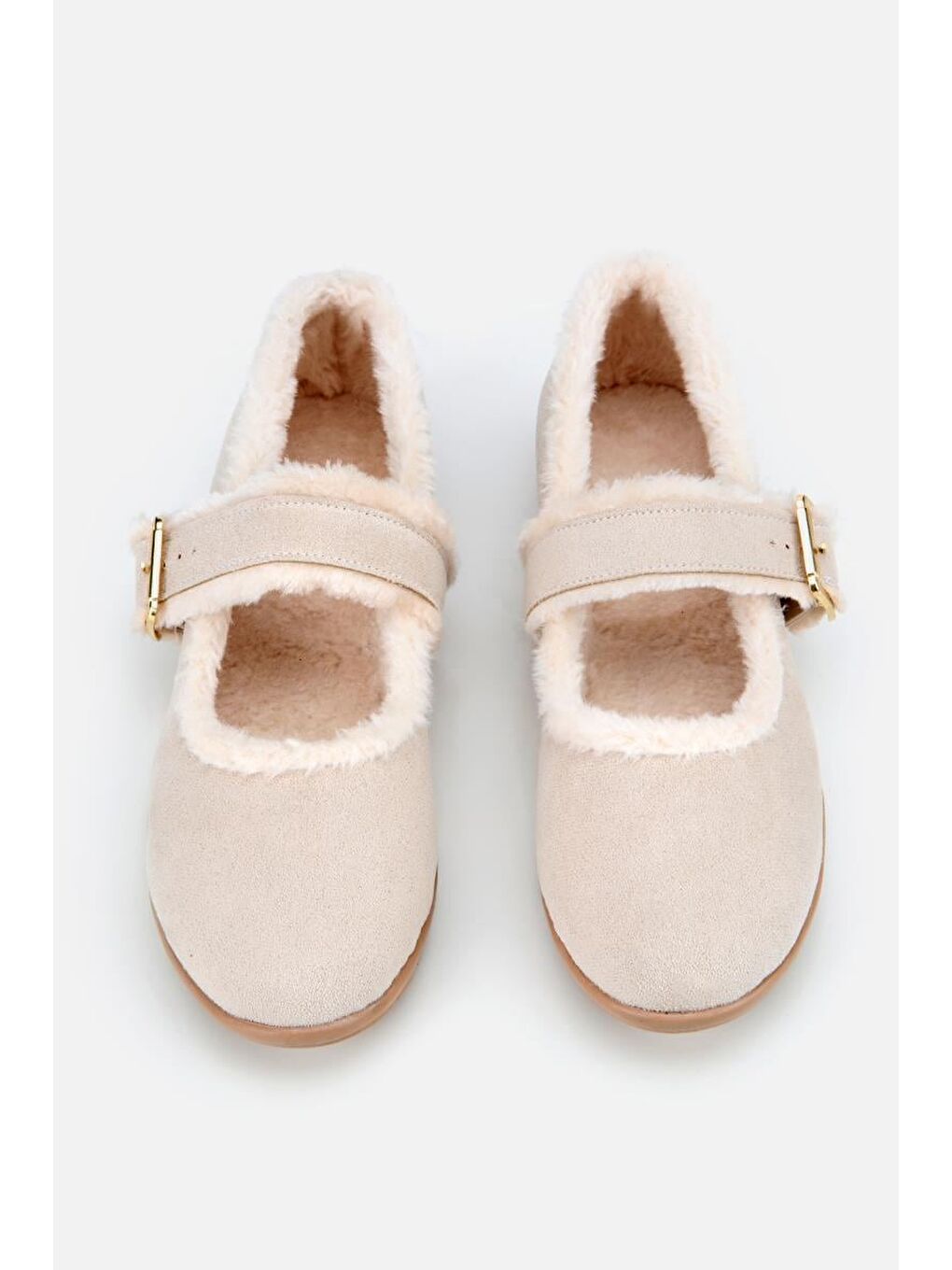 Kadın Bej Kürklü Kemerli Mary Jane Babet-5